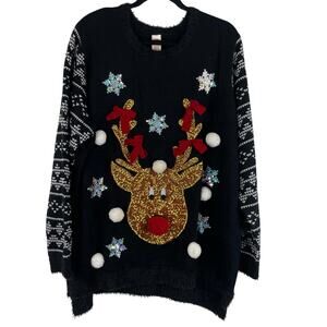 Holiday Time Christmas Ugly Knit Sweater Sequin Reindeer Women's 3X